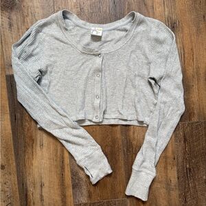 Aerie Waffle Knit Cropped Button Down Long Sleeve Shirt, Size Medium